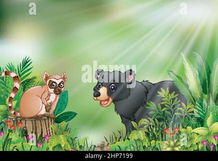 Cartoon of the nature scene with a lemur sitting on tree stump and black bear Stock Vector