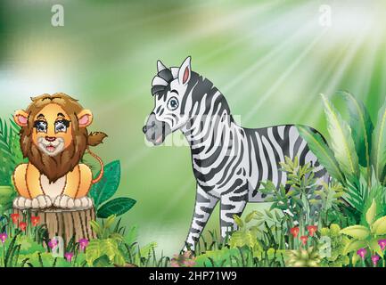 Cartoon of the nature scene with a lion sitting on tree stump and zebra Stock Vector