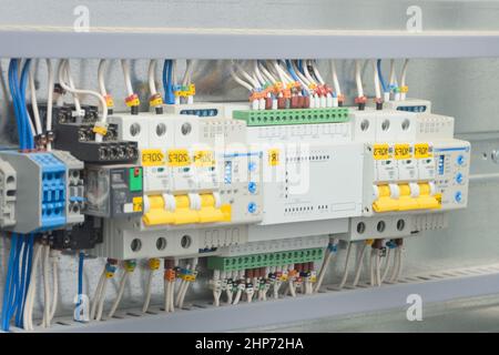 PLC circuit breakers on the platform. rupture plan, selective focus. Stock Photo