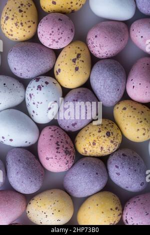 Colorful speckled mini Easter eggs on a plain back ground shot from above, flat lay Stock Photo
