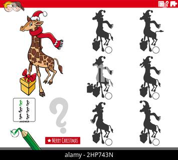 shadows game with cartoon giraffe character on Christmas time Stock Vector