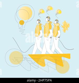 Great creative idea and innovation concept - Young men listening to music cartoon characters standing walking and working together showing bright ideas in mind with light bulb vector illustration Stock Vector