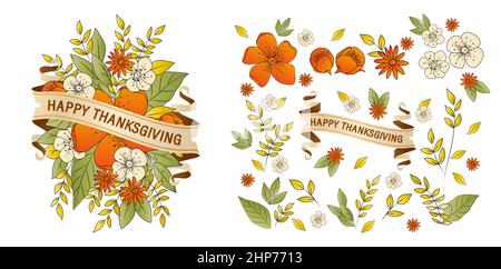 illustration of happy thanksgiving with scroll ribbon set of flowers and leaves isolated white background, applicable for invitation, greeting cards, banner, poster, and graphic design element . Stock Vector