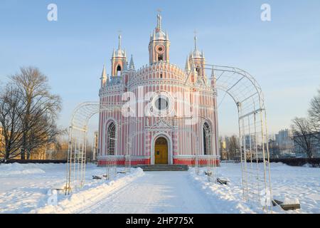 View of the old Chesme (Nativity of John the Baptist) church on a sunny December day. Saint-Petersburg, Russia Stock Photo