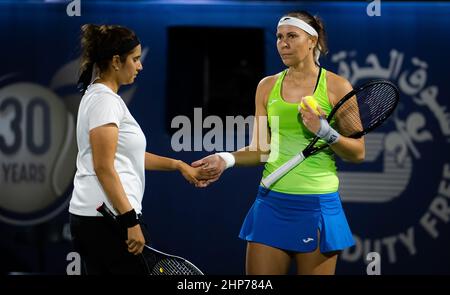 Lucie Hradecka of the Czech Republic & Sania Mirza of India in action during the doubles semi-final of the 2022 Dubai Duty Free Tennis Championships WTA 1000 tennis tournament on February 18, 2022 at The Aviation Club Tennis Centre in Dubai, UAE - Photo: Rob Prange/DPPI/LiveMedia Stock Photo
