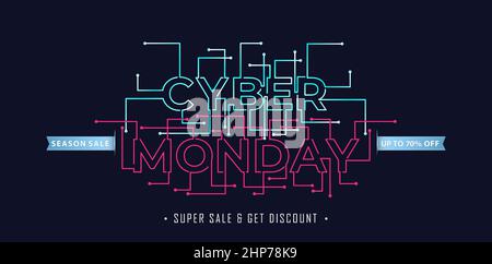 CYBER MONDAY letter tech model concept on dark background with  for advertising, billboard, promotional online shop, poster, web banner, brochure and flyer design concept. Stock Vector