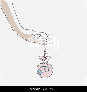 Hand holding Christmas decoration ball. Hand drawn vector illustration in one line style. Vector color illustration Stock Vector