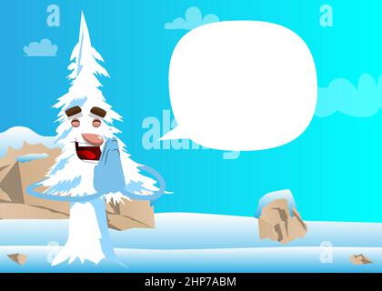 Cartoon winter pine trees with faces with praying hands. Stock Vector