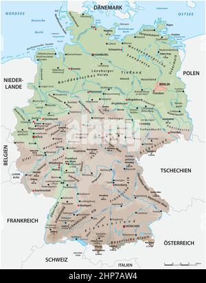 Highly detailed physical map of Germany with German lettering Stock Vector