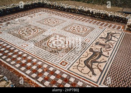 Littlecote Roman Villa near Ramsbury, Wiltshire. Well preserved mosaics with main Orpheus theme. Archival scan from a slide. June 1991. Stock Photo