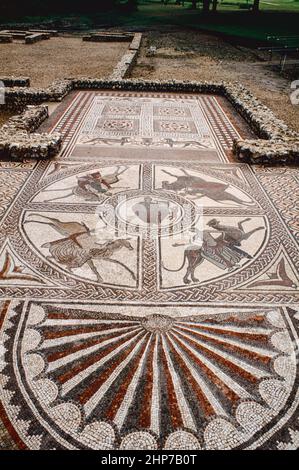 Littlecote Roman Villa near Ramsbury, Wiltshire. Well preserved mosaics with main Orpheus theme. Archival scan from a slide. June 1991. Stock Photo