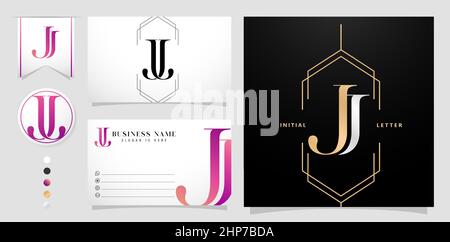 illustration of JJ initial letter and graphic name, JJ logo for Wedding couple monogram, logo company and business name card, with black white color, gold and gradient purple color isolated background Stock Vector