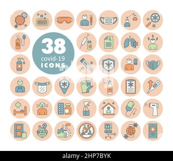 Set corona virus vector icons. Symptoms and protective Stock Vector