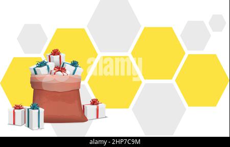 bag full of gifts on abstract hexagon background Stock Vector