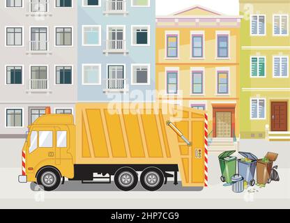 Garbage truck with dustbin and garbage bags Stock Vector
