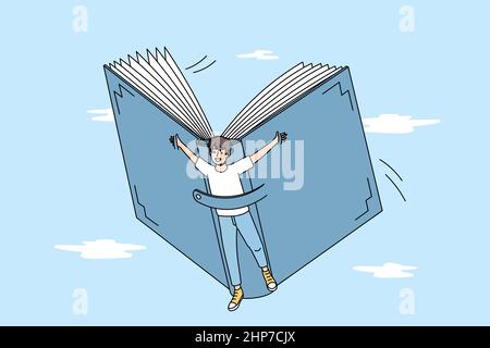 Happy boy fly on book discover new horizons Stock Vector
