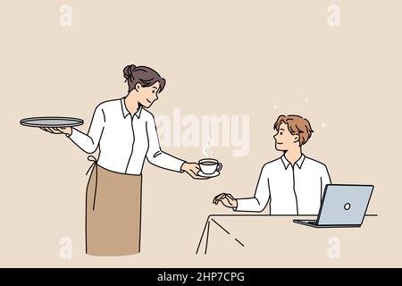Smiling waitress serving coffee to male customer Stock Vector