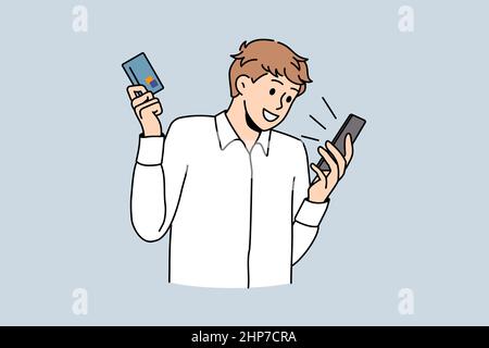 Happy young man shopping on cellphone with credit card Stock Vector