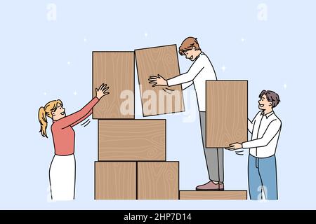 Businesspeople build wooden tower involved in teamwork Stock Vector