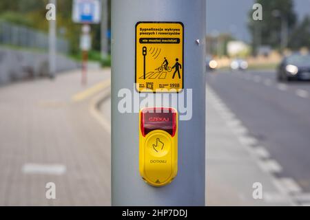 Light buttons on a pedestrian crossing in Warsaw, capital of Poland Stock Photo