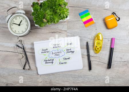 Business plan concept in notepade on working desk. Top view, flat lay, copy space. Word Business PLAN written on notepad. Stock Photo