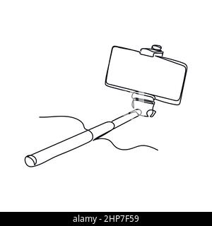 Vector abstract continuous one single simple line drawing icon of selfie stick with phone in silhouette sketch. Stock Vector