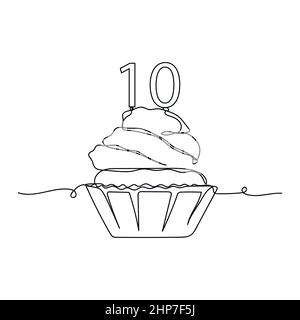Vector abstract continuous one single simple line drawing icon of birthday cupcake with number ten burning candle in silhouette sketch. Stock Vector