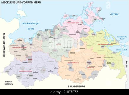 Administrative vector map of the state of Mecklenburg Western Pomerania, Germany Stock Vector