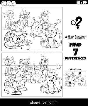 differences game with cats on Christmas time coloring book page Stock Vector