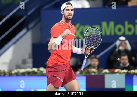 Karen Khachanov of Russia in action during his Semi-Final match with Roberto Bautista Agut of Spain in the Qatar ExxonMobil Open at Khalifa International Tennis and Squash Complex on February 18, 2022 in Doha, Qatar. Stock Photo