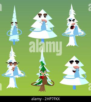 Cartoon winter pine trees with faces with praying hands. Stock Vector