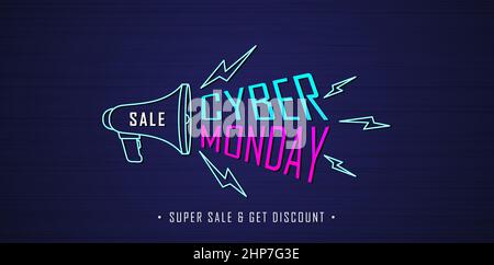 social media marketing concept of Cyber monday sale with megaphone symbol and flash model. applicable for promotion, billboard, online shopping, poster, web banner, brochure and flyer design concept. Stock Vector