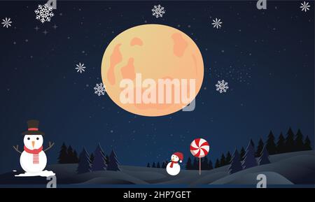 big and small snowman in the moon night during Christmas Stock Vector