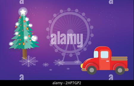 Christmas objects with a red car and beautiful tree on abstract background Stock Vector