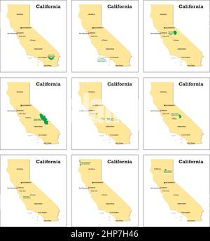 nine small vector maps of Californias national parks Stock Vector