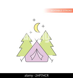 Tent with trees and moon line vector icon Stock Vector