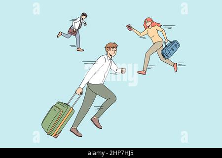 Anxious people run with baggage no miss plane Stock Vector