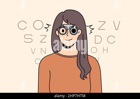 Woman in optical glasses check sight in clinic Stock Vector