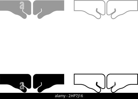 Two fist punching bump clenched together hitting concept of conflict struggle resistance confrontation set icon grey black color vector illustration image flat style solid fill outline contour line thin Stock Vector