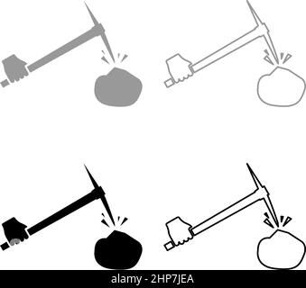 Pickaxe hit stone in hand set icon grey black color vector illustration image flat style solid fill outline contour line thin Stock Vector