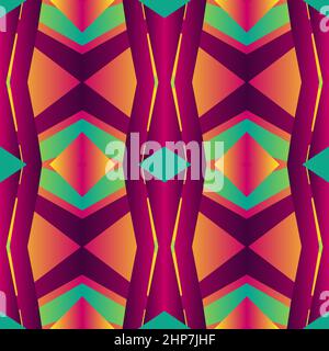 Geometric tile patchwork seamless pattern vector illustration Neon gradient magenta green colors Fashion abstract lines graphic design background Stiped pattern Futuristic art wallpaper mosaic Stock Vector