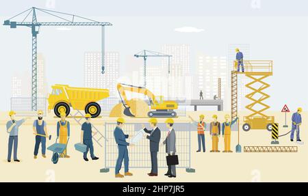 Construction site with excavator, architect and heavy truck Stock Vector