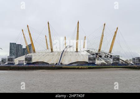 The Millennium Dome and o2 Arena damaged by the high winds on storm Eunice. View of the whole dome. London - 19th February 2022 Stock Photo