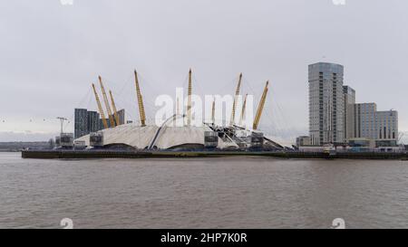 The Millennium Dome and o2 Arena damaged by the high winds on storm Eunice. View of the whole dome. London - 19th February 2022 Stock Photo