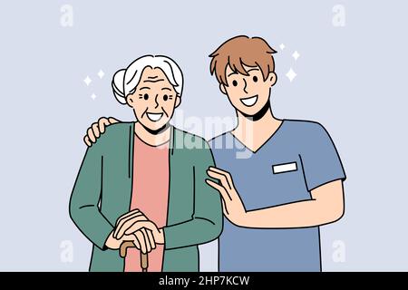 Smiling caregiver with happy old female patient Stock Vector