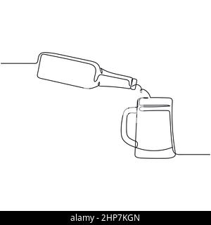 Vector abstract continuous one single simple line drawing icon of beer bottle and delicious mug with beer in silhouette sketch. Stock Vector