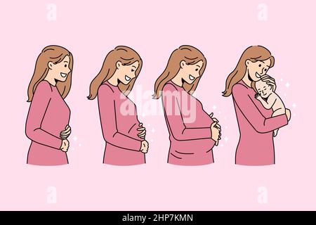 Smiling woman during different pregnancy stages Stock Vector