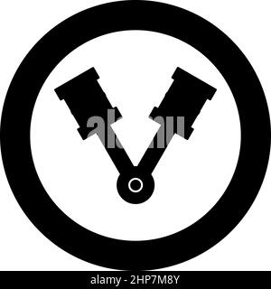 Pistons of engine two items with rods aligned for car crankshaft cylinder camshaft icon in circle round black color vector illustration image solid outline style Stock Vector