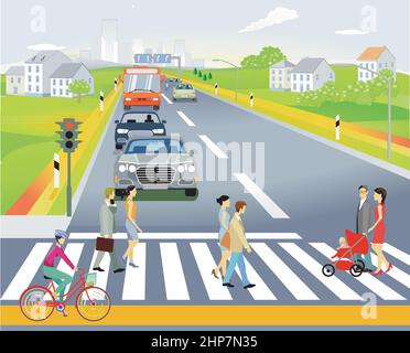 Suburb with houses and traffic, pedestrians on the crosswalk, illustration Stock Vector