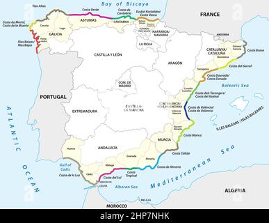 Vector map of tourist coasts of Spain Stock Vector